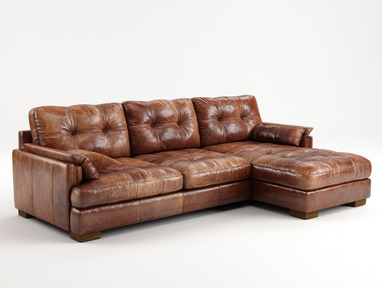 Sofá de esquina 285x180x86 cm - marrón - diseño acolchado de piel para salón
