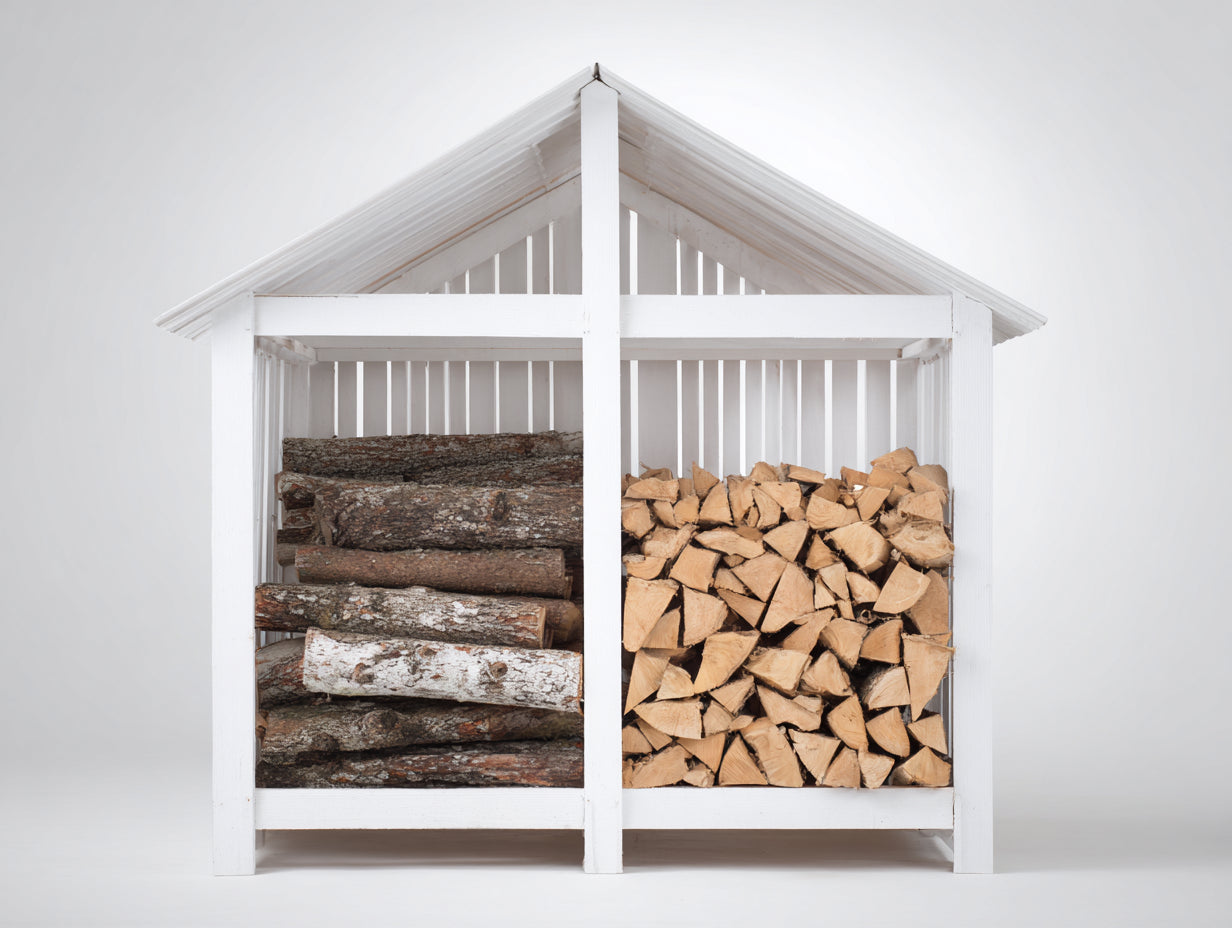 Leñero de jardín madera 120x60x140 cm - Blanco - Estilo clásico con techo inclinado