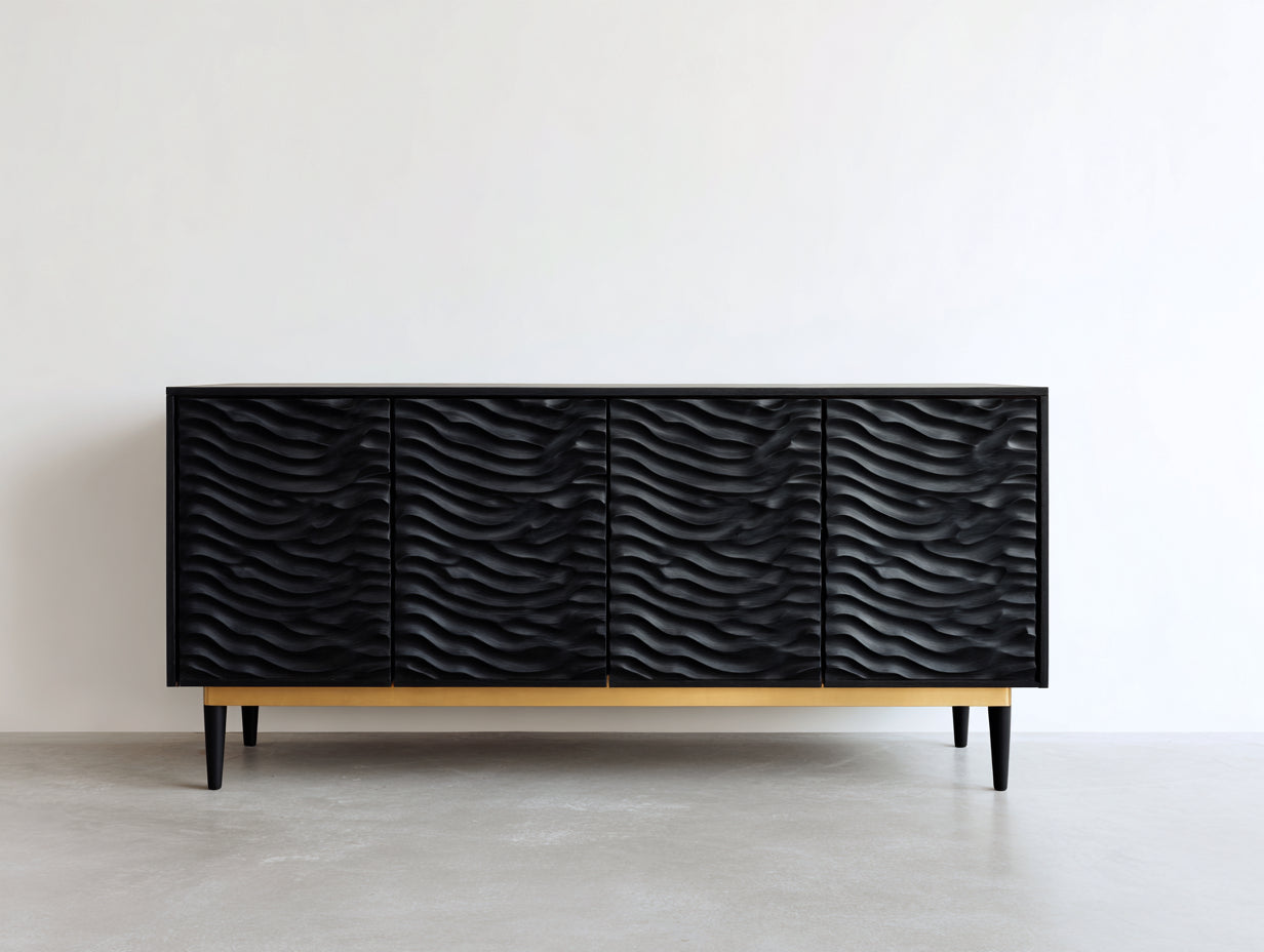 Mueble recibidor de madera 180x40x75 cm - negro - puertas con relieve ondulado