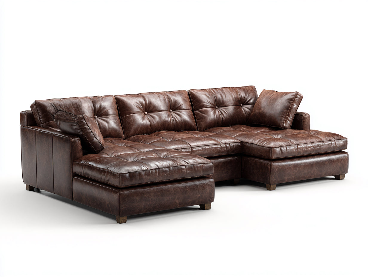 Sofás de esquina de piel sintética 285x220x82 cm marrón para salón - diseño capitoné moderno