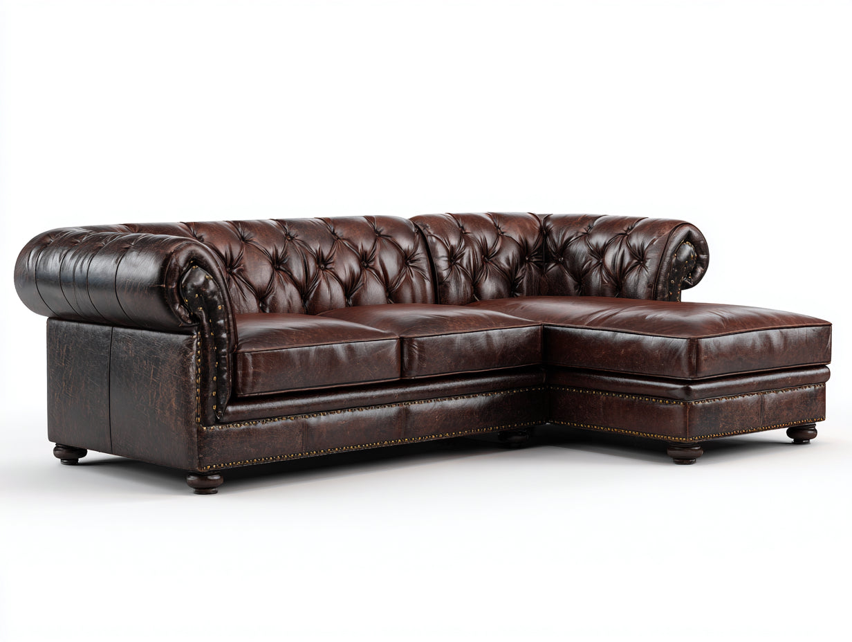 Sofá de esquina 300x190x78 cm - marrón oscuro - diseño Chesterfield de piel para salón
