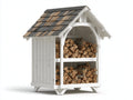 Leñero de jardín de madera 118x66x168 cm blanco y negro para exterior - diseño con tejado decorativo