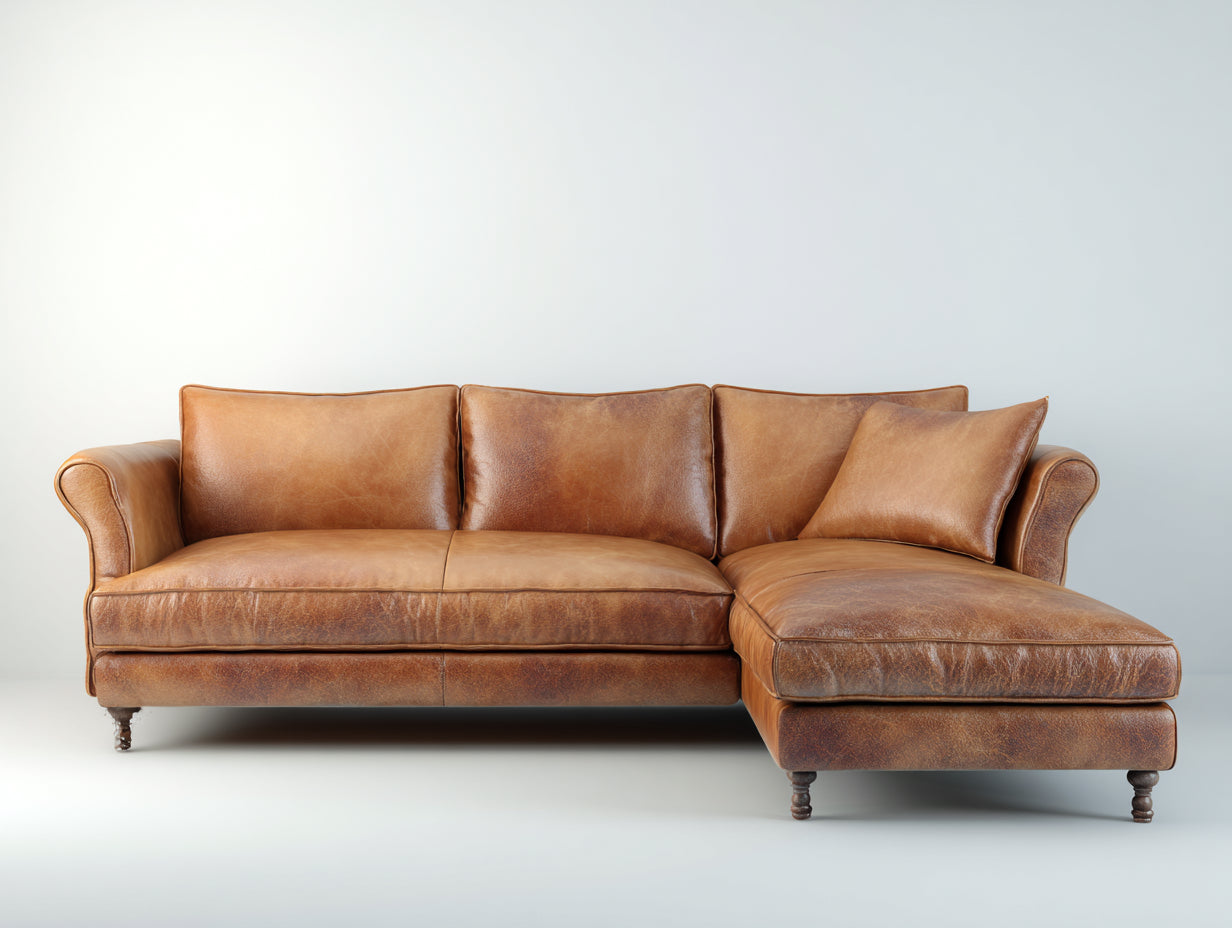 Sofás de esquina cuero sintético 260x180x85 cm - Marrón - Estilo clásico con chaise longue